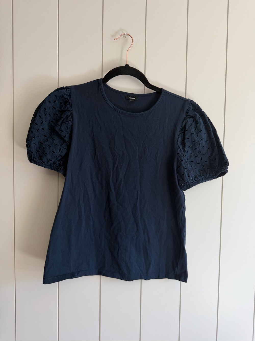 Express Navy Eyelet Puff-Sleeve Top - Women Tops